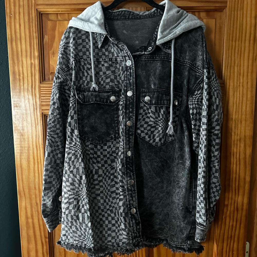 Checkered Black and Gray Denim Jacket with Hood